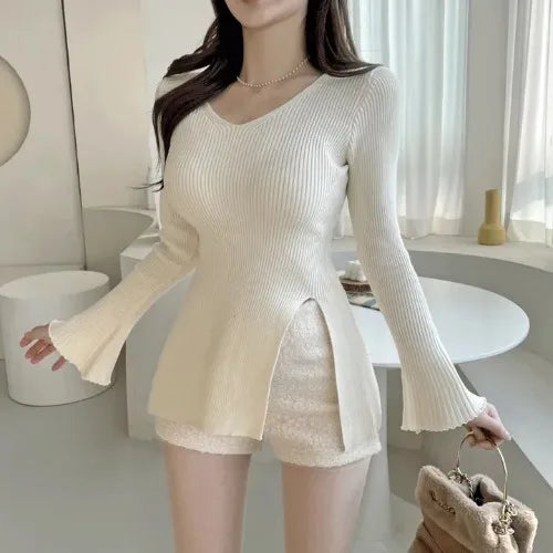 Korean Style V-Neck Bell Sleeve Knitted Top – Women’s Slim Fit Long Sleeve Base Shirt | Tight Slit Inner Wear for Spring
