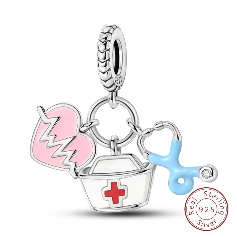 Doctor Nurse 925 Sterling Silver Charms Beads | Original Trendy Medical Pendant for DIY Bracelet Jewelry