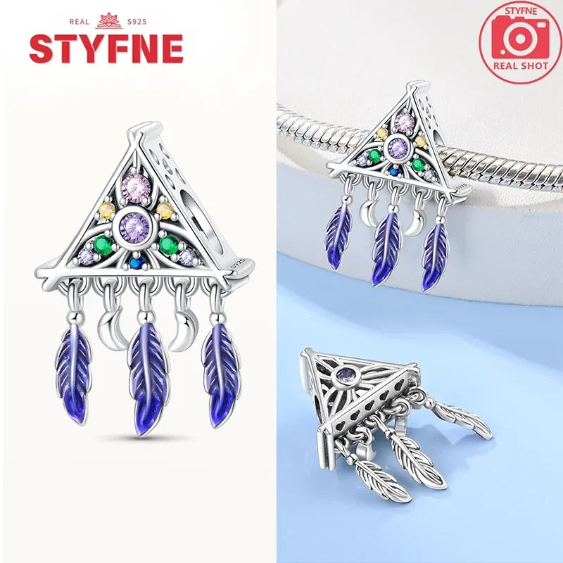 925 Sterling Silver Colorful Zircon Heart Dreamcatcher Charm – Feather Beads Fit Original Pandora Bracelet DIY Jewelry Gift for Women