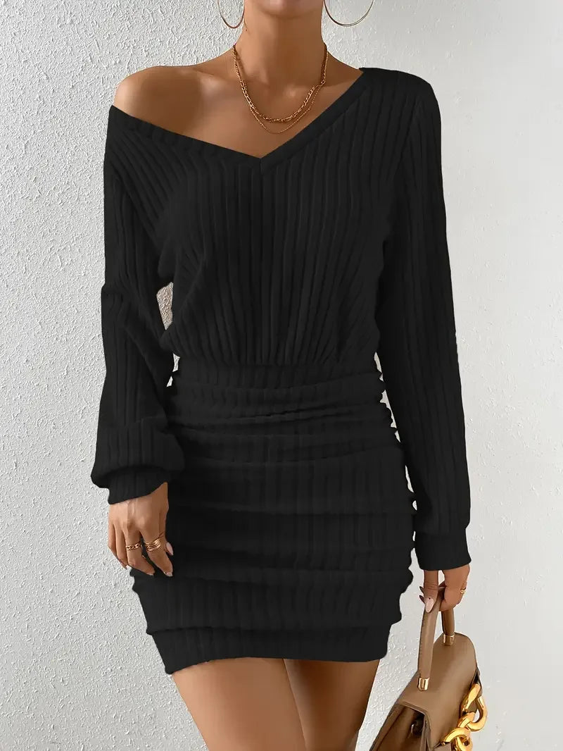 Women’s Autumn Winter Knitted Sweater Mini Dress – Casual Solid Wrap V-Neck Long Sleeve Warm Bodycon Short Dress