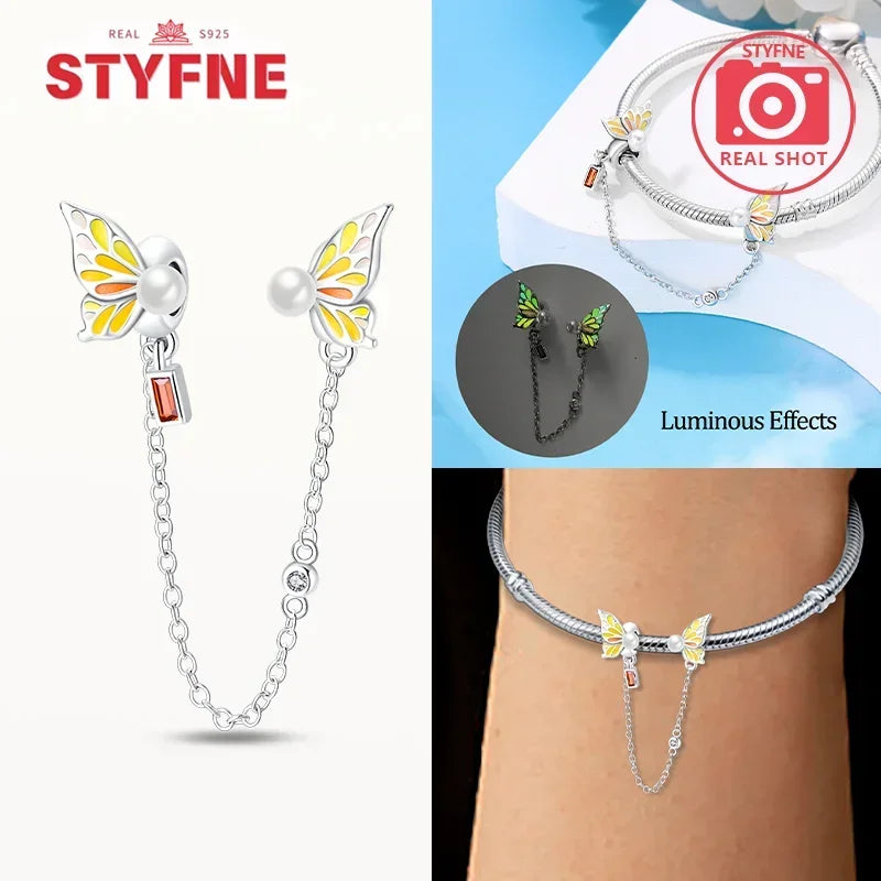 S925 Silver Cute Cat Heart Bead Safety Chain Fit Original Bracelet