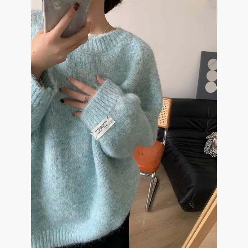 Loose Women’s Blue Sweater | Korean Casual Knitwear | Spring Autumn Round Neck Pullover
