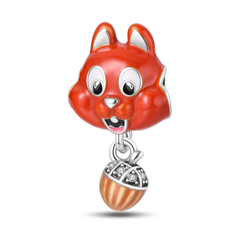 925 Sterling Silver Squirrel & Maple Leaf Charm | Shiny Zircon Autumn Beads Fit Pandora Bracelet DIY Jewelry