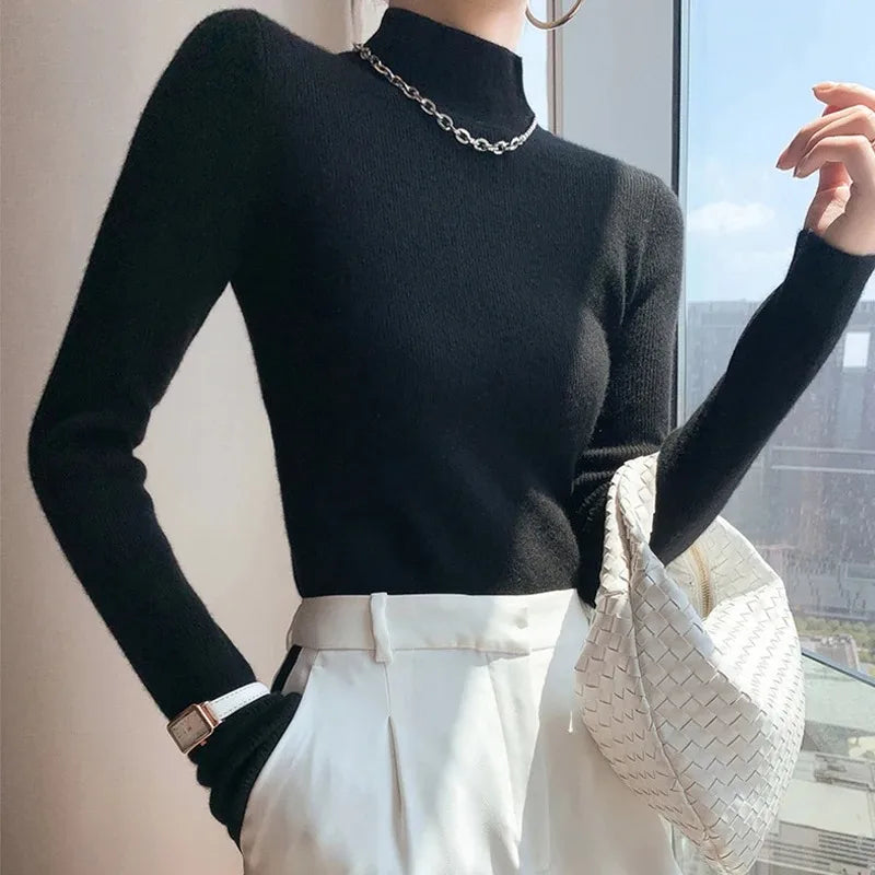 2025 Women’s Slim Fit Turtleneck Sweater – Long Sleeve Solid Color Knitted Pullover for Autumn Winter