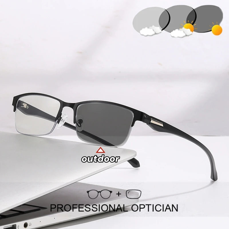 Vintage Photochromic Half Frame Prescription Glasses – Men’s Business Anti-Blue Light Color Changing Eyewear