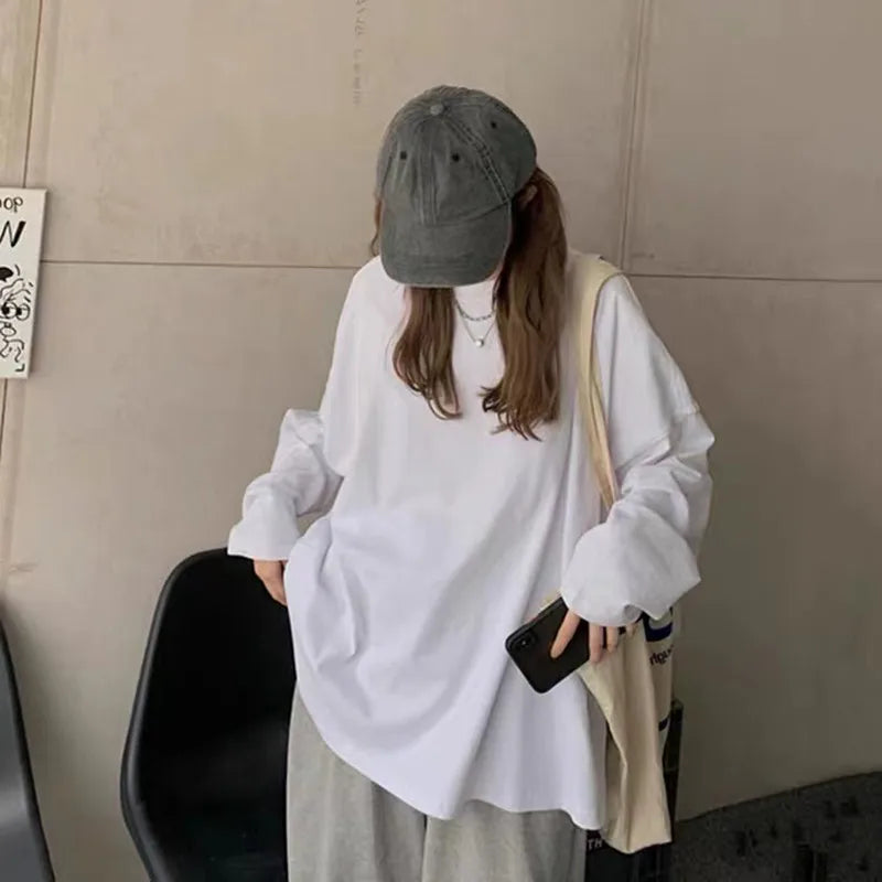 Spring Autumn Women’s Loose Long Sleeve Basic T-Shirt – Casual Round Neck Top Polyester Spandex