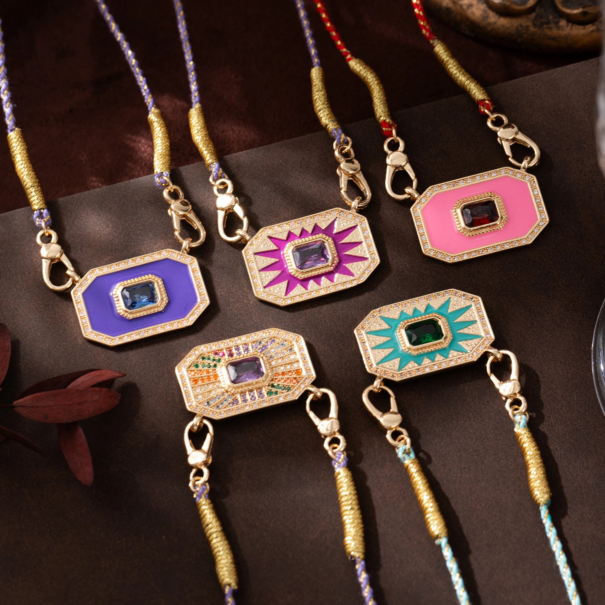 Colored Tarot Card Pendant Necklace – Gold Plated with Pink Drip Oil & Inlaid Diamonds Women’s Gift Jewelry