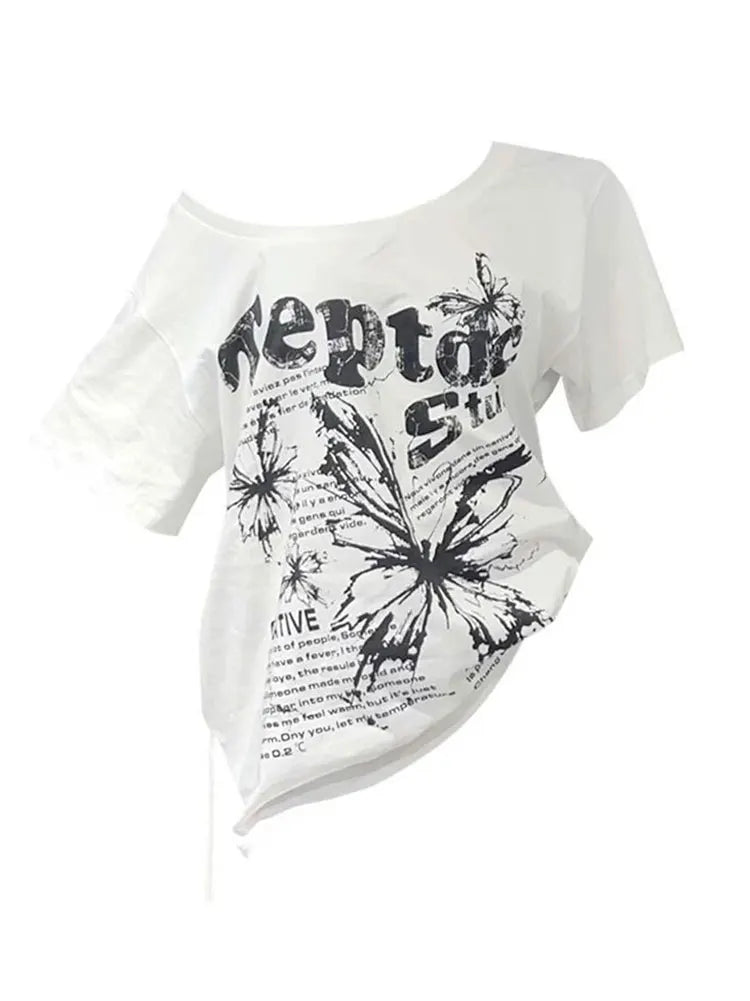White 100% Cotton Y2K Vintage Oversize Off-Shoulder T-Shirt – Women Casual Summer Butterfly Print Top