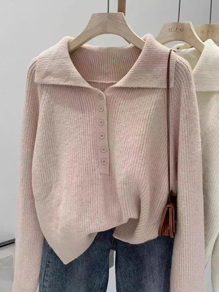 Pink Lazy Korean Style Big Collar Sweater – Women’s Autumn Winter Slim Soft Knitted Top | Sweet Loose Fit Versatile Knit