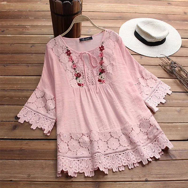 Summer Women Casual V-Neck Blouse – Cotton & Linen Lace Flower Loose Top 🌸☀️
