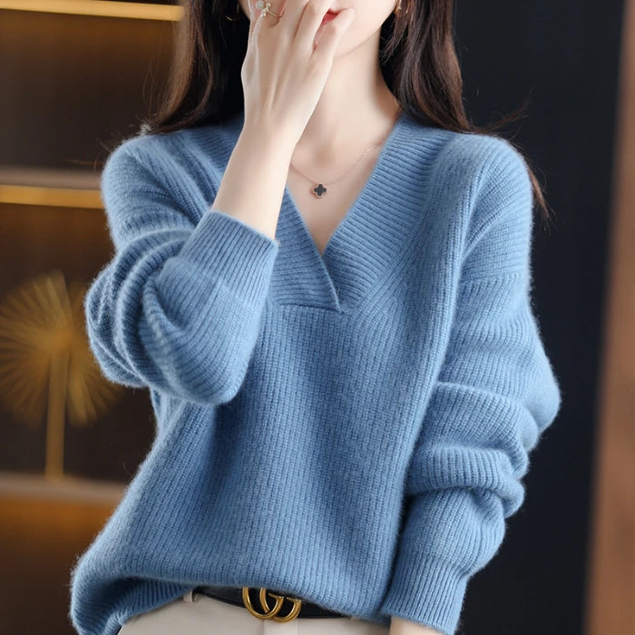 Autumn Winter Women’s V-Neck Knit Sweater – Solid Loose Pullover Soft Warm Casual Top