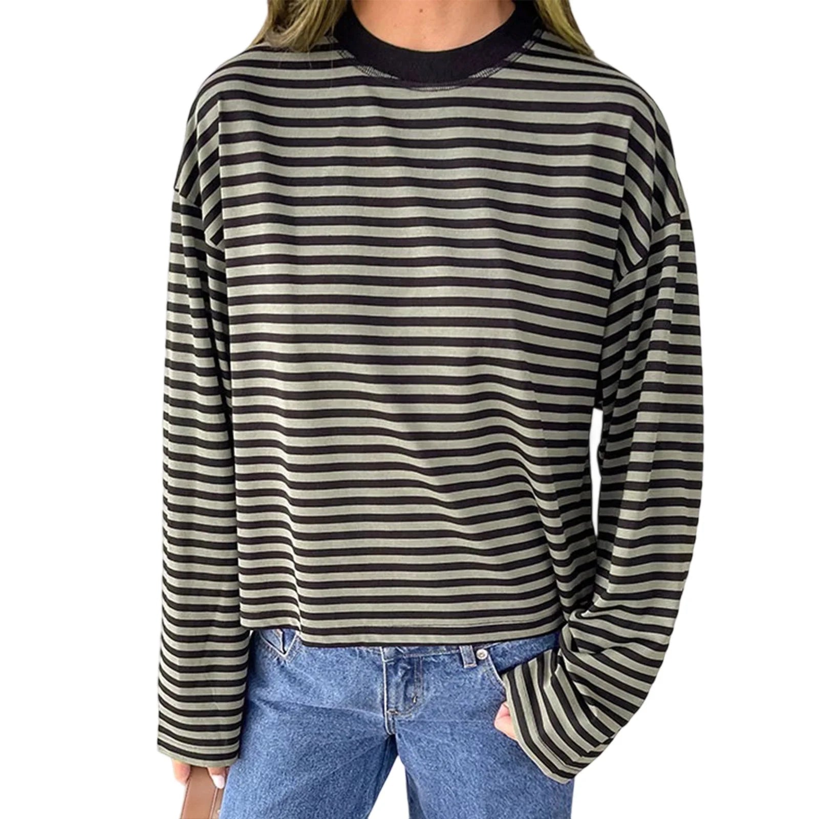 2025 Women's Retro Striped T-Shirt | Long Sleeve Crew Neck Top | Loose Fall Casual Streetwear