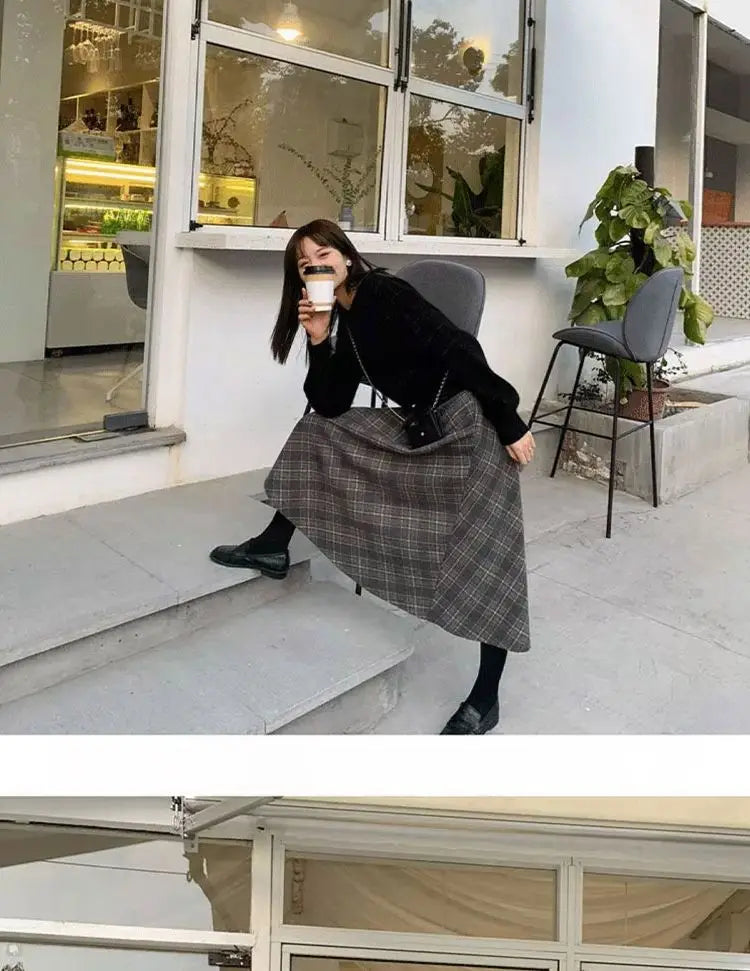 🍂 Retro Plaid Skirt 👗 Women's Autumn Winter New A-Line Umbrella Wrap Mid-Length Small Size Skirt 🌟