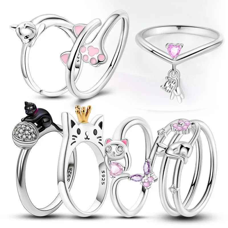 Real S925 Sterling Silver Cat Pink Ring | Adorable Women’s Fine Jewelry Gift for Teen Girls & Valentine’s Day