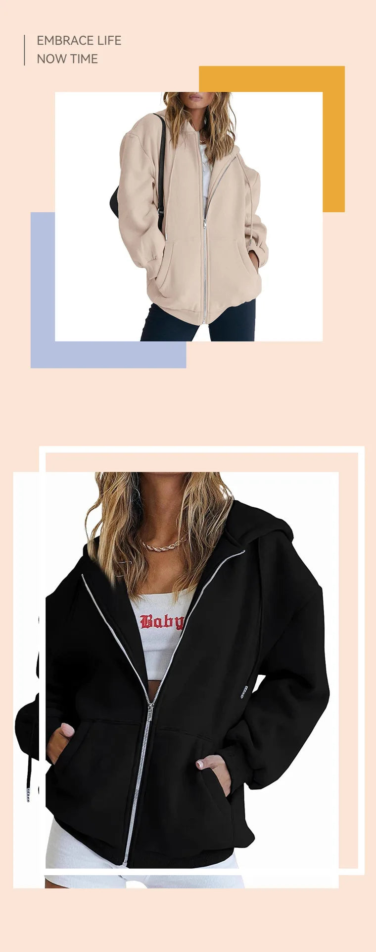 2024 Women’s Solid Hoodie | Elegant Long Sleeve Zipper Drawstring Sweatshirt | Casual Hooded Top with Pockets