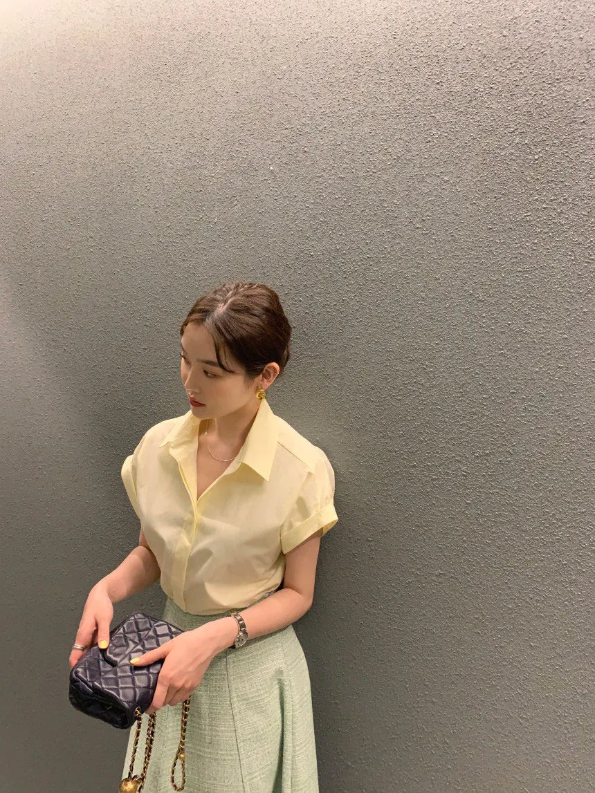 Chic Summer Loose Women’s Shirt | Classic Pure Color Professional Blouse with Small Lapel Collar