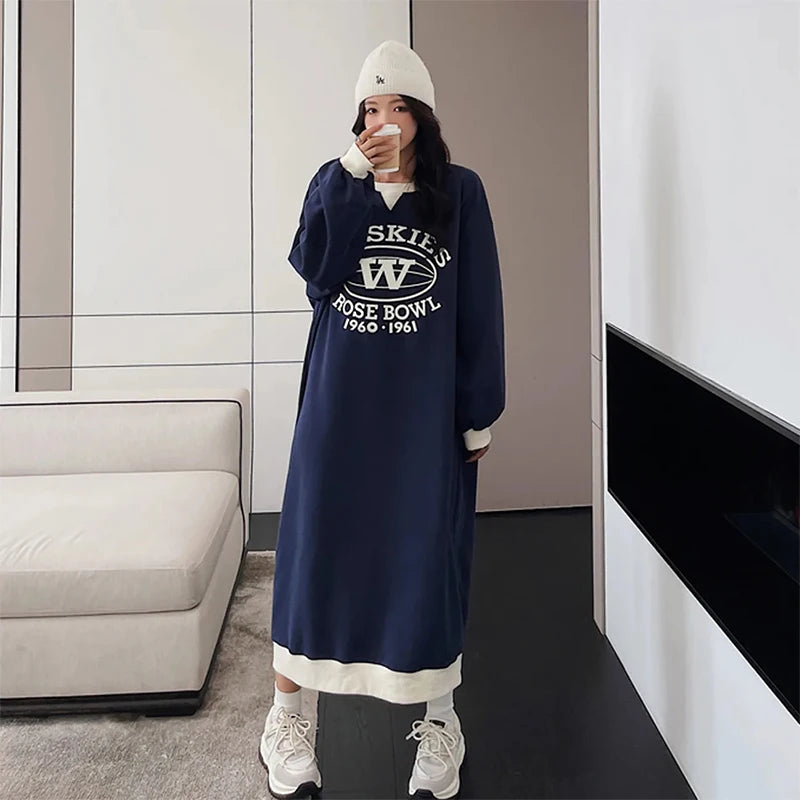 Plus Size Korean Style Loose Casual Sweatshirt Dress – A-Line Skirt, Long Sleeve Mid-Length | Weight Loss Friendly