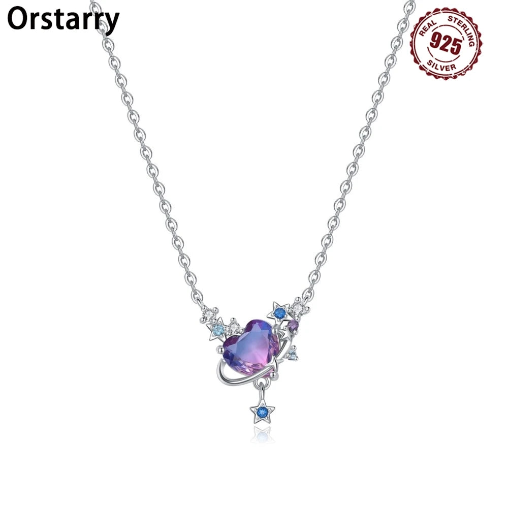 925 Sterling Silver Purple Infinite Love Heart Planet Necklace | Elegant Women’s Fashion Jewelry Birthday Gift