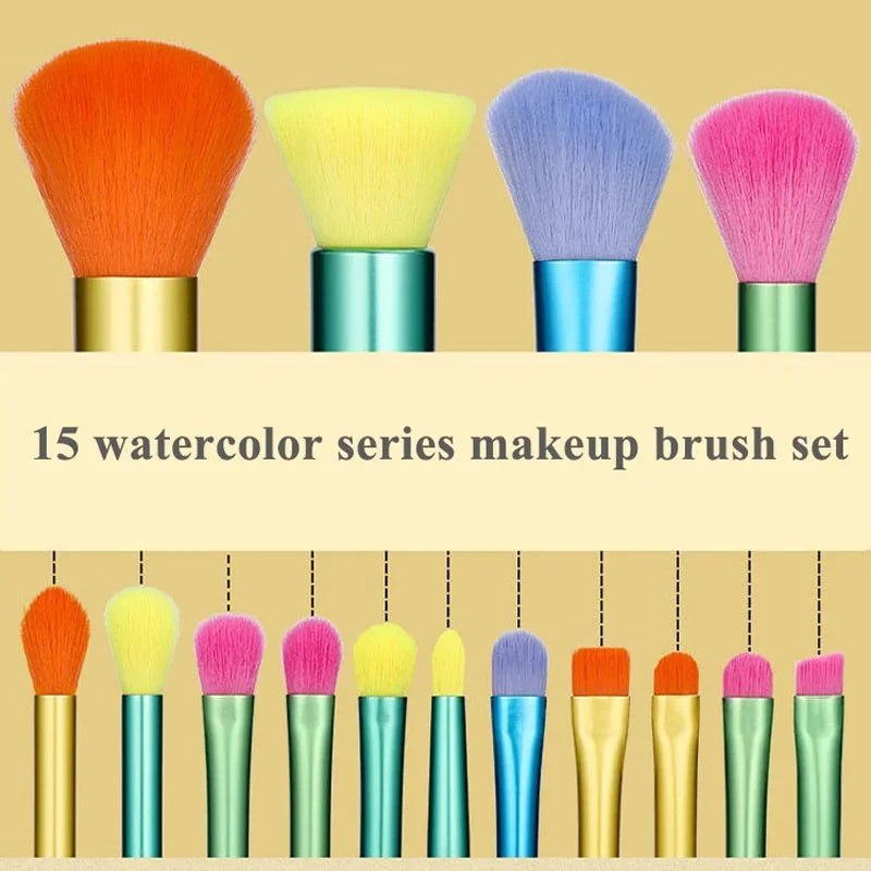 15Pcs Colourful Makeup Brush Set – Foundation, Contour, Blush, Concealer & Eyeshadow Blending Makeup Brush Kit