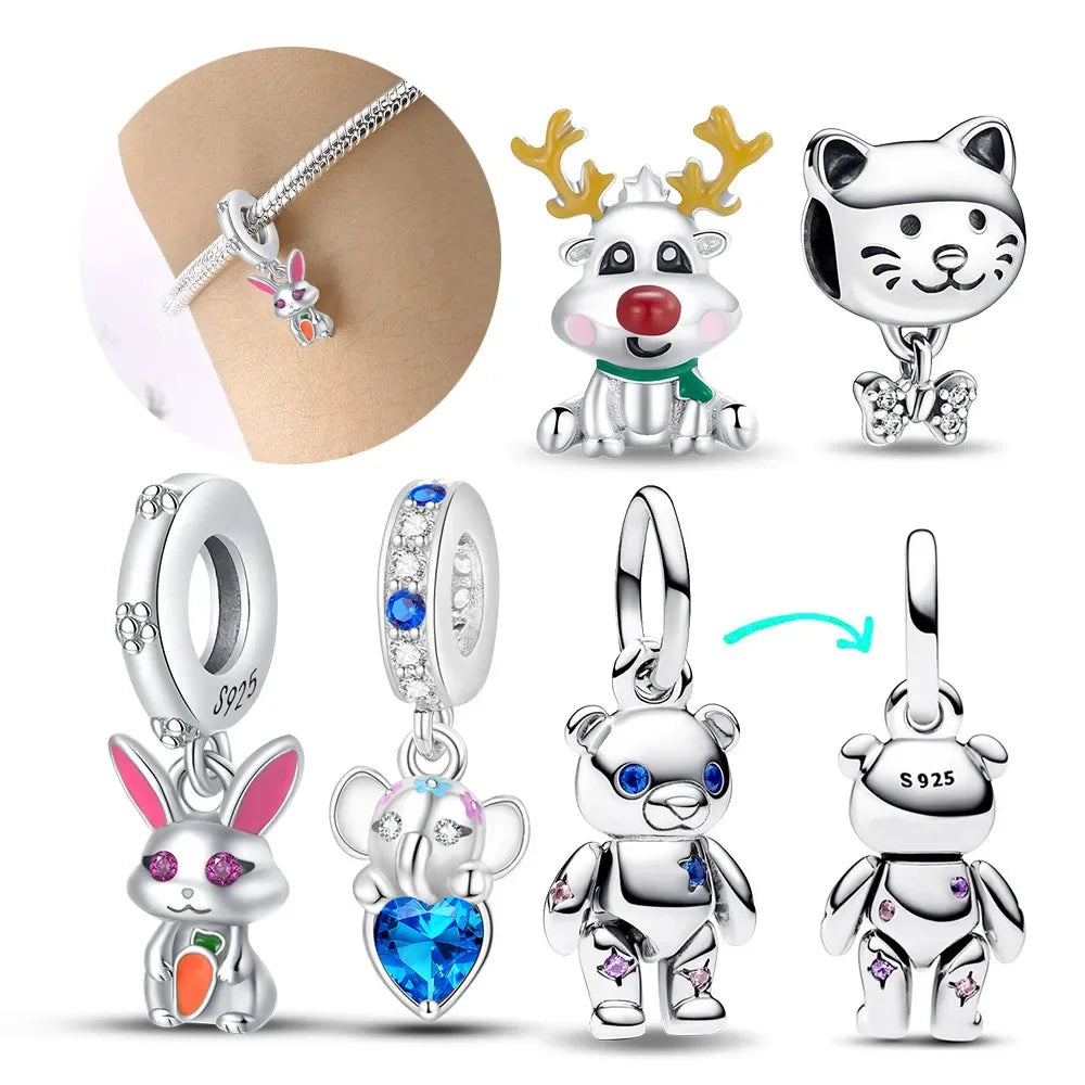 925 Sterling Silver Cute Cat Cartoon Zircon Charm Beads Fit Pandora Bracelet for Women