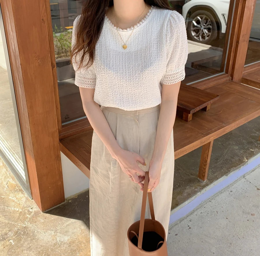 Elegant White Lace Hollow Out Blouse | Fairy-Style Bubble Sleeve Summer Top for Women