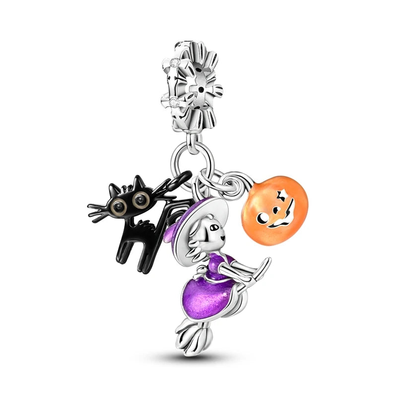 925 Sterling Silver Halloween Series Charms | Pumpkin, Witch, Skull & Candy Beads Fit Original Bracelet DIY Jewelry