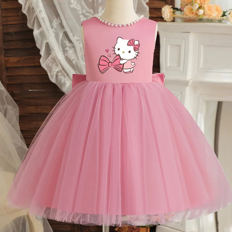 Hello Kitty Kids Pearls Elegant Princess Dress for Girls Backless Bow Baby 1st Birthday Baptism Tutu Gown Wedding Dress