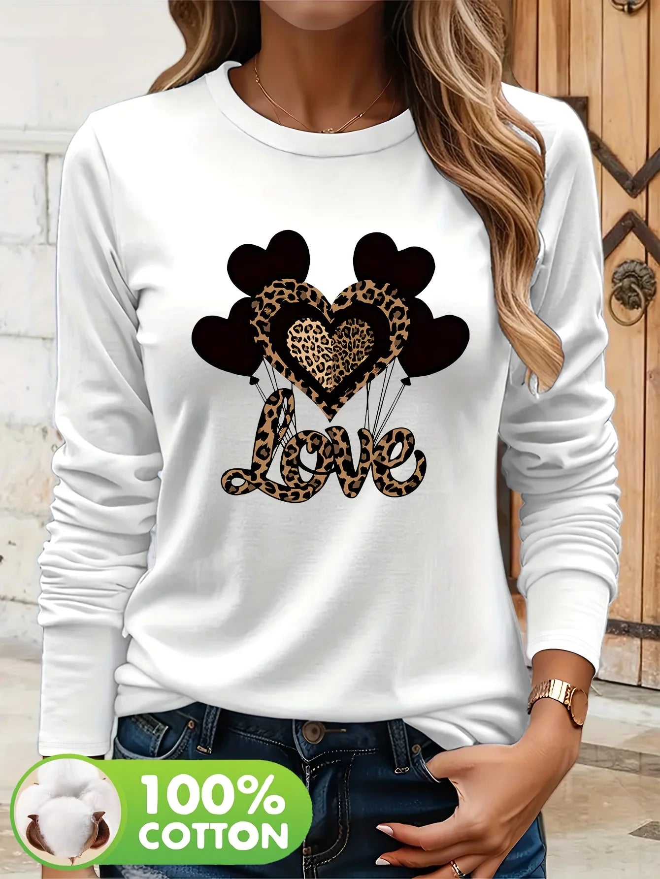 Cotton Harajuku Women’s Long Sleeve Top – Casual Chic Leopard Heart Graphic Print Shirt 🐆💖
