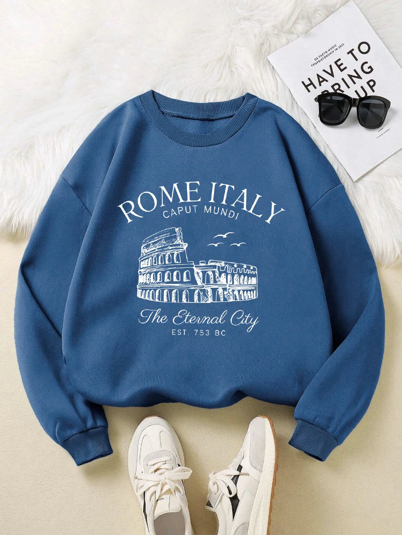 Colosseum Rome Italy Print Sweatshirt for Women | Y2K Casual Crewneck Fleece Pullover