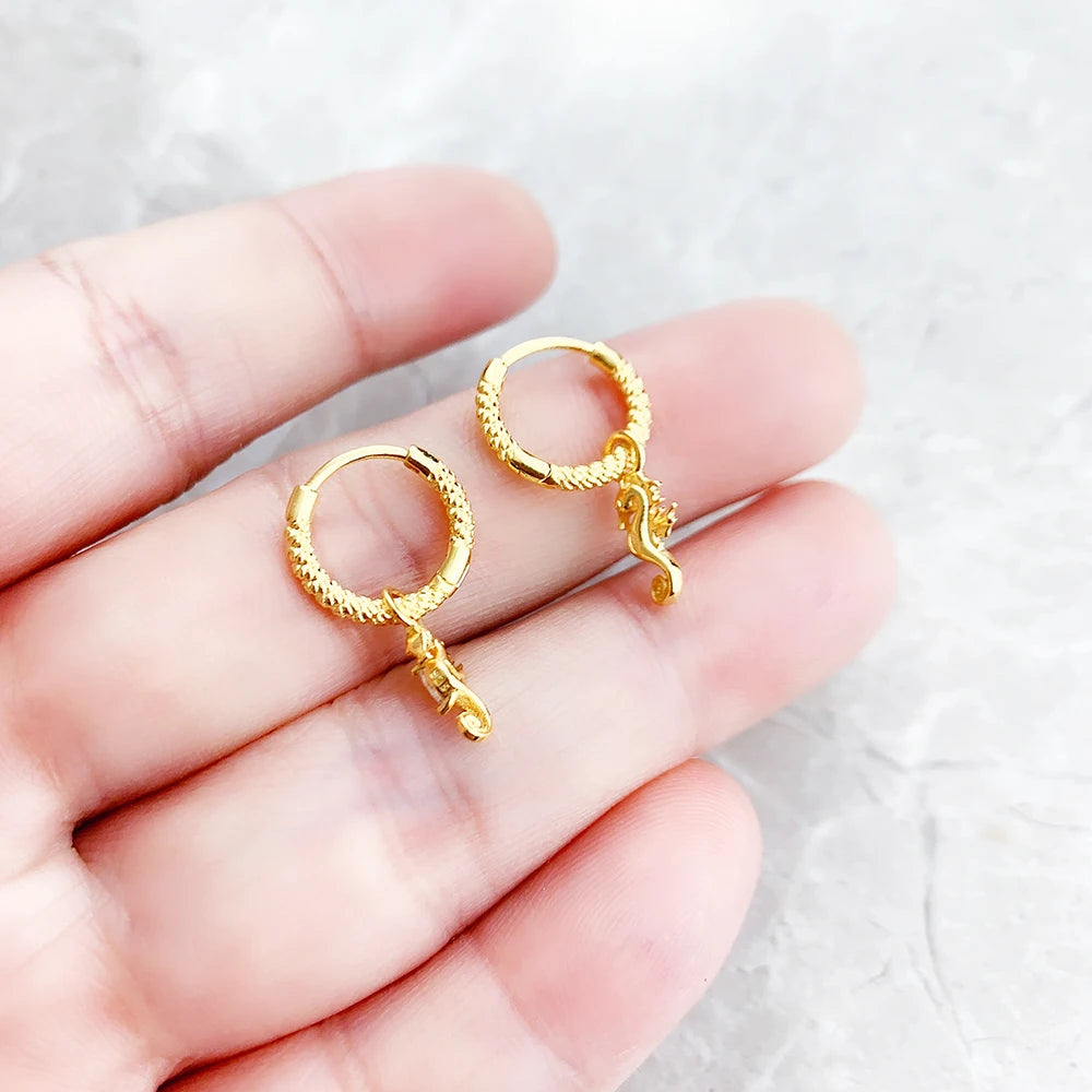 Creole Seahorse Hoop Earrings – 925 Sterling Silver Gold Hinged Hoops Europe Style Women’s Fine Jewelry Gift