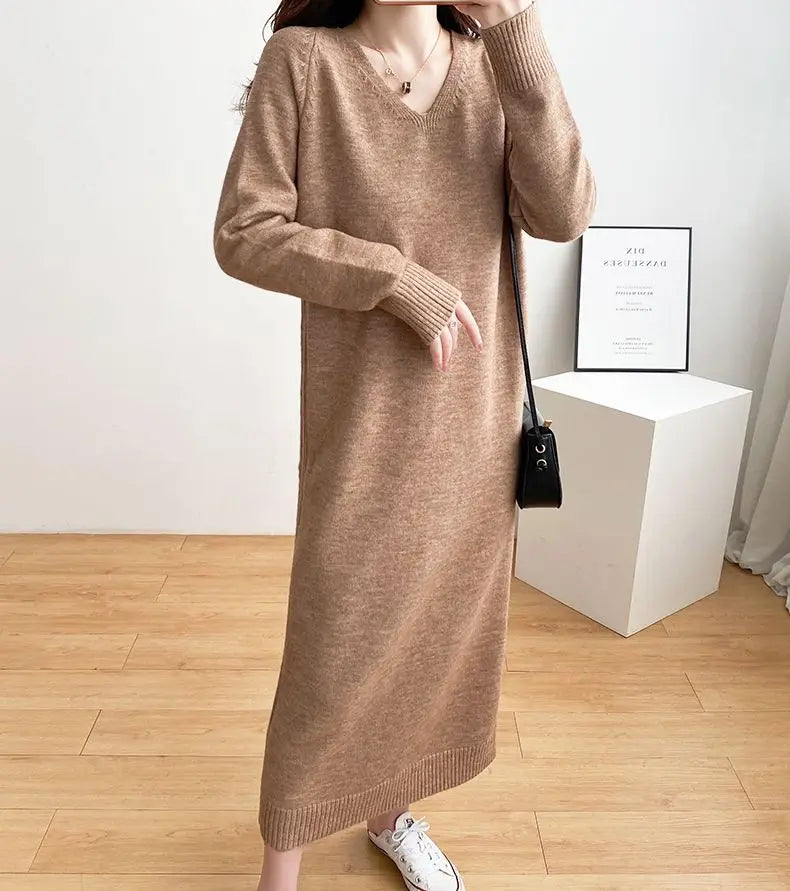 Ladies’ Knitted V-Neck Dress – Loose Fit Base Layer Skirt, Casual Straight Tube Korean Style Autumn Winter Dress