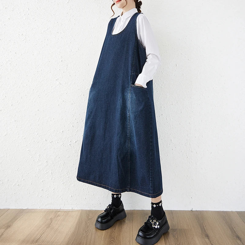Loose Korean Style Plus Size Denim Vest Skirt – High Waist Over-Knee Slimming Cotton Jeans Corset Casual Dress for Women