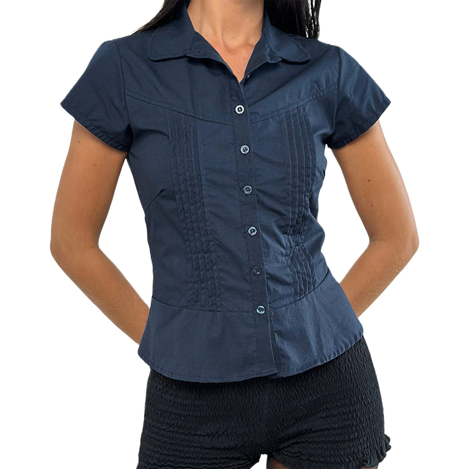 Women’s Summer Slim Fit Shirt – Solid Color Short Sleeve Lapel Button Down Pleated Top Streetwear