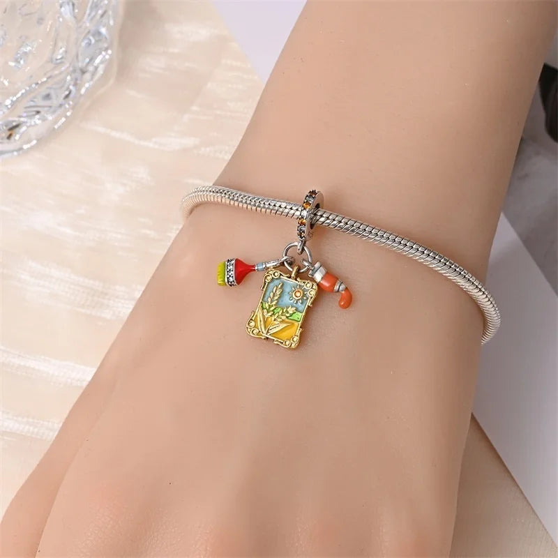 925 Sterling Silver Squirrel & Maple Leaf Charm | Shiny Zircon Autumn Beads Fit Pandora Bracelet DIY Jewelry