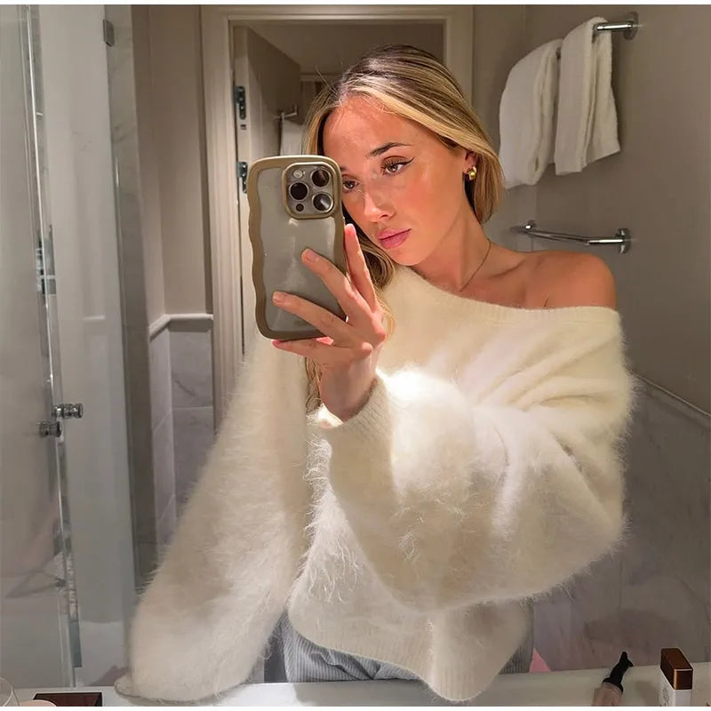 Women’s Off-Shoulder Mohair Sweater | Elegant Loose Knit Pullover for Autumn Fashion 2025