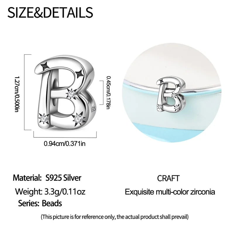 Classic 925 Sterling Silver A–Z Alphabet Charms | Letter Beads with Stars Fit Original Bracelet DIY Jewelry for Women