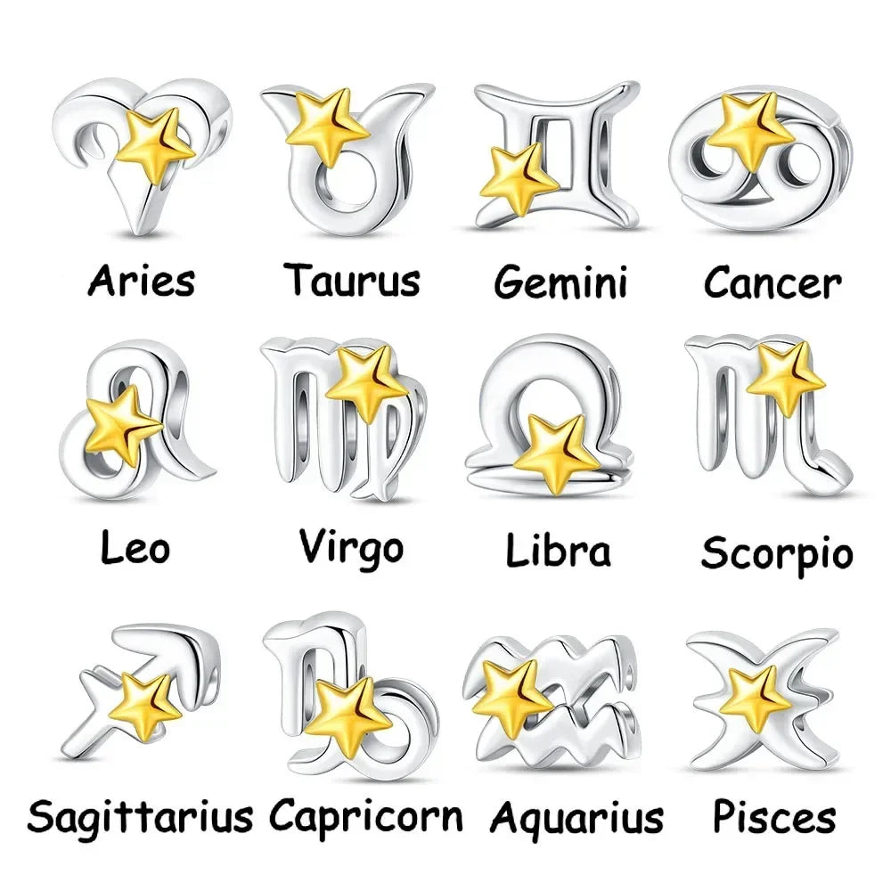 925 Silver Plated Twelve Constellations Charms Star Beads for Bracelet DIY Jewelry