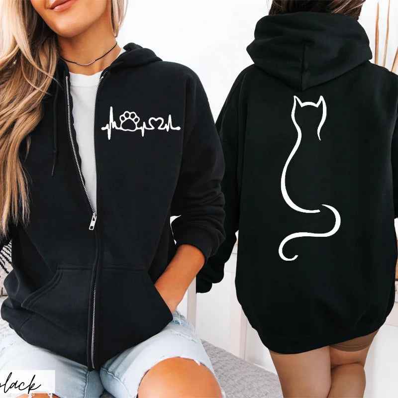 Women’s Cat Heartbeat Zipper Hoodie | Cute Zip-Up Sweatshirt | Autumn Winter Streetwear Jacket