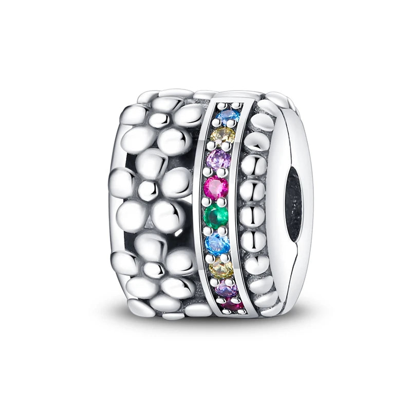 925 Sterling Silver Pave Clip Charms with Safety Chain | Colored Beads Stopper Clasp Fit Original Pandora Bracelet Jewelry