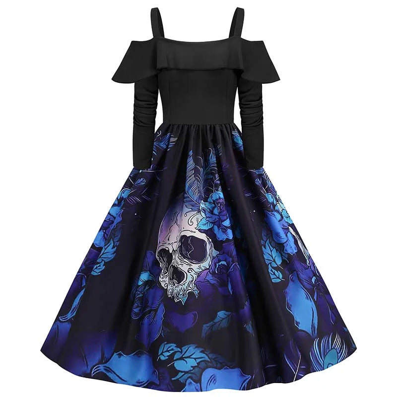 Elegant Spaghetti Strap Halloween Party Dress – Vintage Long Sleeve Ruffle Evening Prom Costume for Women | Autumn Winter