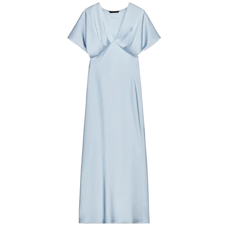 HXAO Midi Satin Dress for Women – Ruffled V-Neck Bat Sleeve Party Dress | Summer 2025 Black, Khaki, Blue Vestido