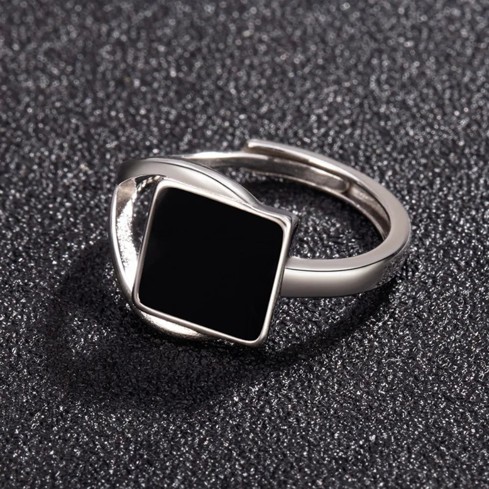 Adjustable Black Onyx Square Opening Ring – Geometric Skeleton Design Fashion Jewelry for Women & Men