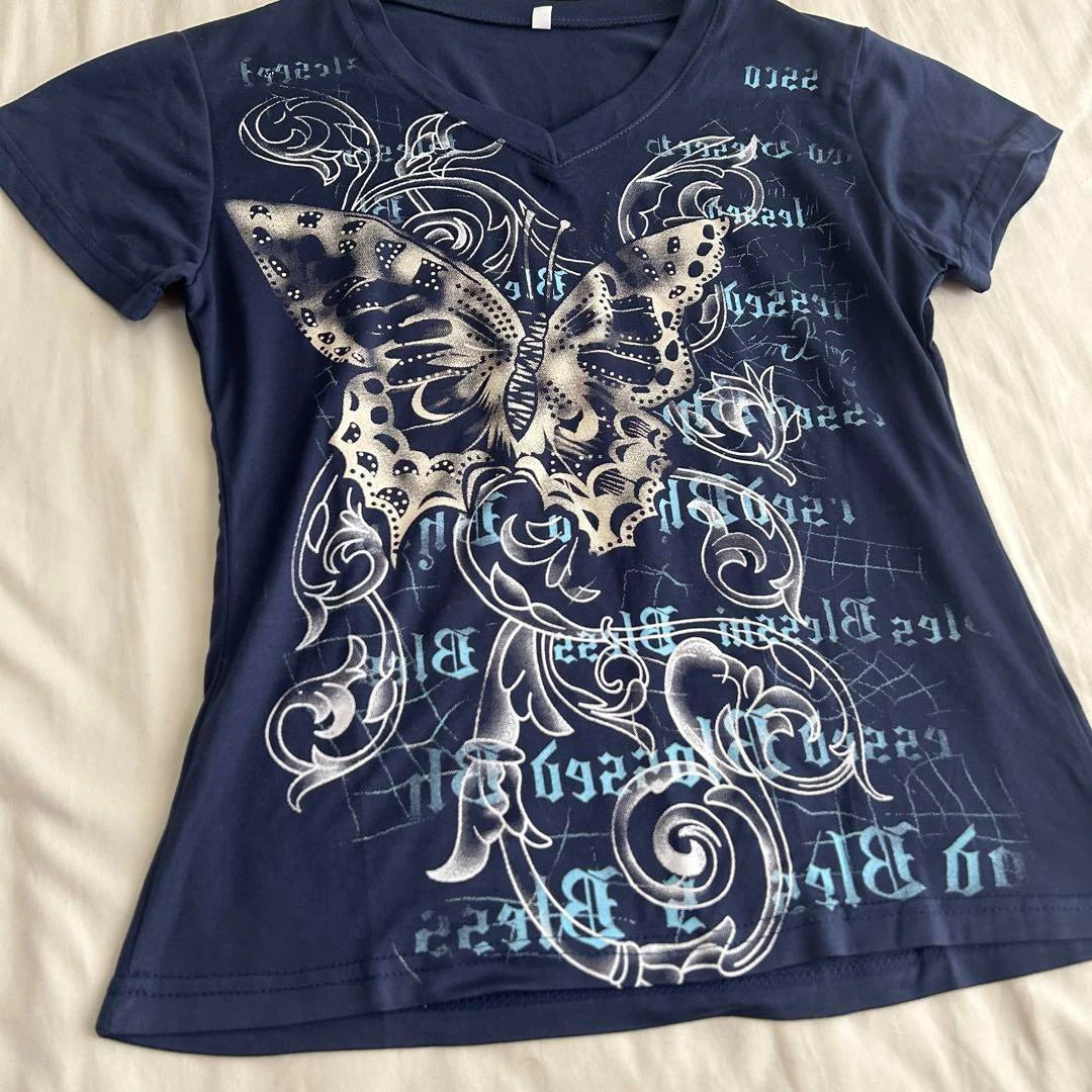 Harajuku Fairy Cropped Butterfly Printing T Shirts Vintage Grunge Streetwear Tops Women Summer Y2k Aesthetic Casual Crop Shirts