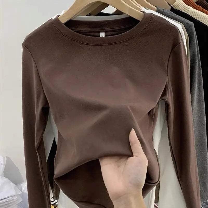 Women's Round Neck Fleece-Lined Long Sleeve Base T-Shirt ❄️ Slimming Inner Wear 👚 Korean Style Commute Fashion 🌟