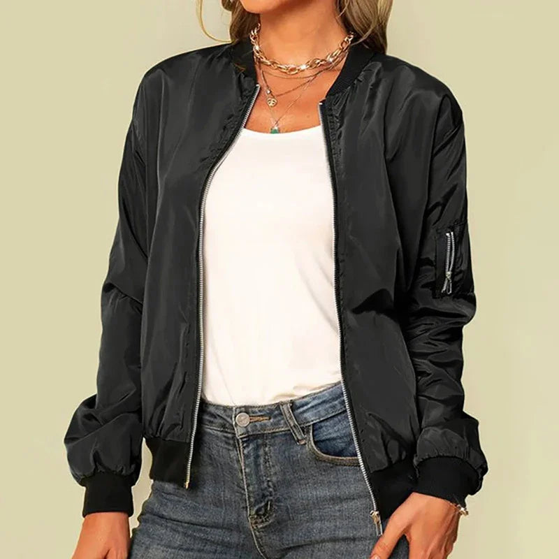 Autumn Women’s Solid Color O-Neck Zipper Jacket | Vintage Black Bomber Long Sleeve