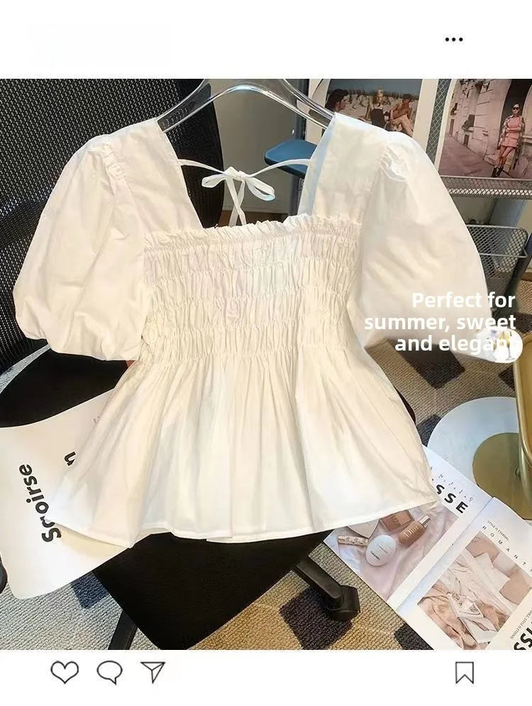☀️ Summer 2025 New Square Collar Pleated Short Sleeve Doll Shirt 👚 Women’s Small Size Bubble Sleeve Chiffon Blouse Top 🌸