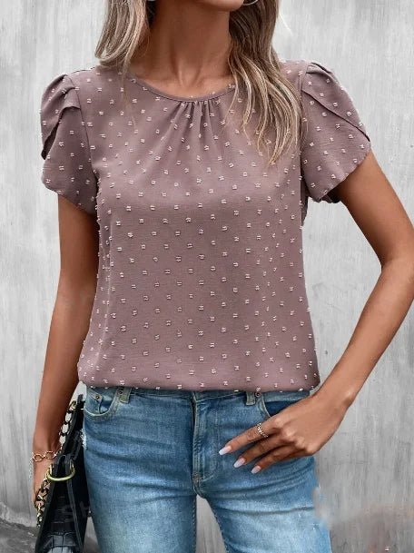 Swiss Dot Crew Neck Blouse – Casual Petal Sleeve Top for Spring & Summer Women 🌿✨