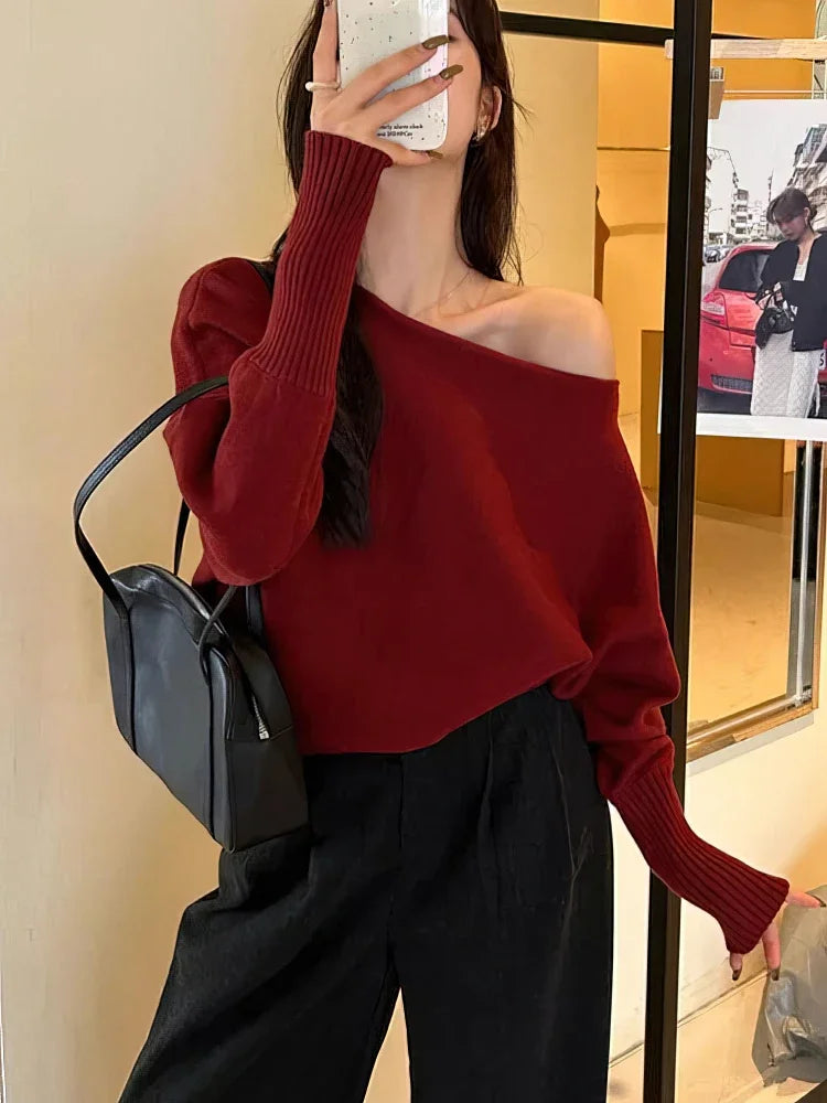 Batwing Long Sleeve Knitted Pullover for Women – Thick Off-Shoulder Korean Fashion Sweater