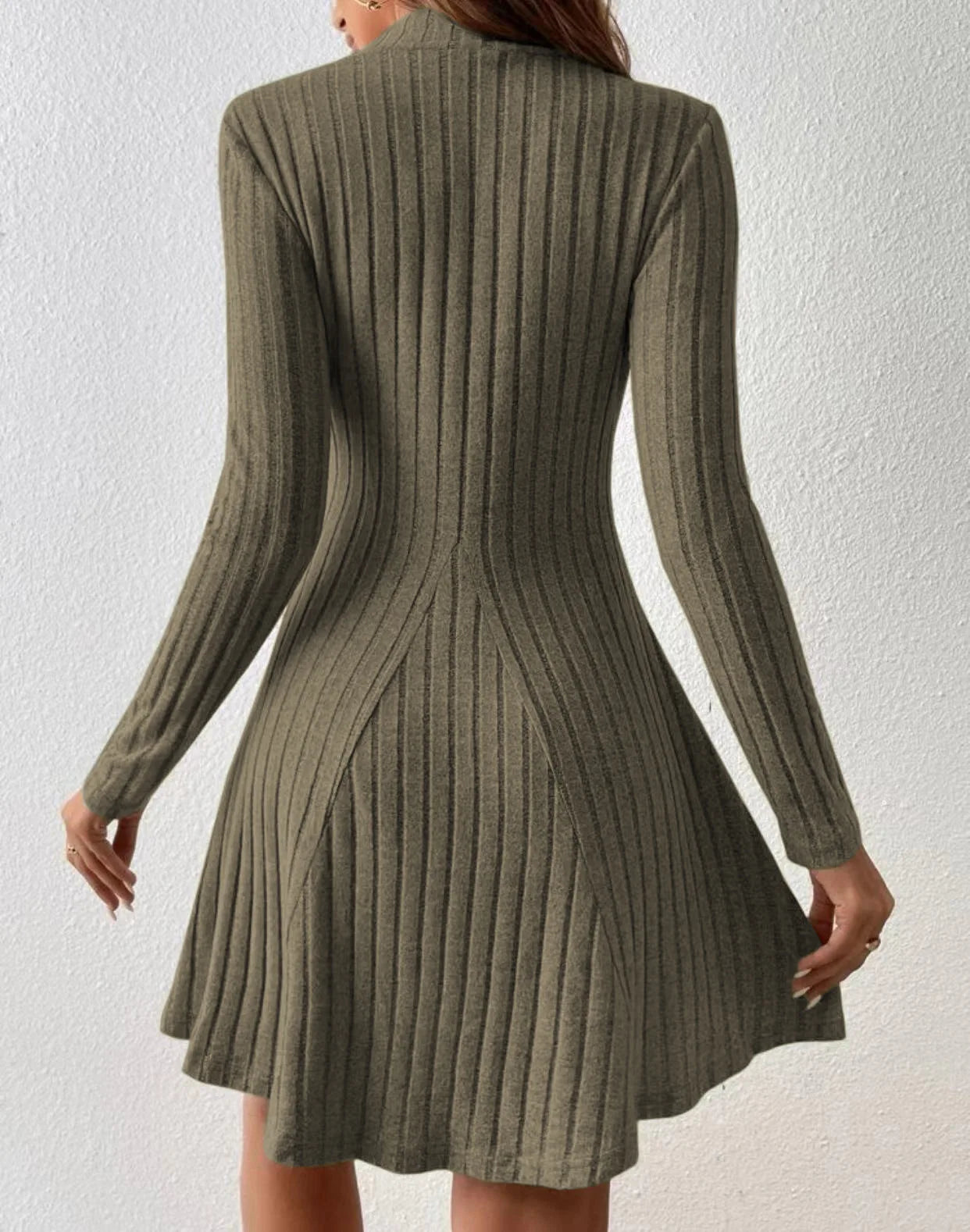 Women’s Slim Fit Half High Collar Dress – Waist Cinched A-Line Pit Stripe Long Sleeve Elegant Autumn Winter Dress