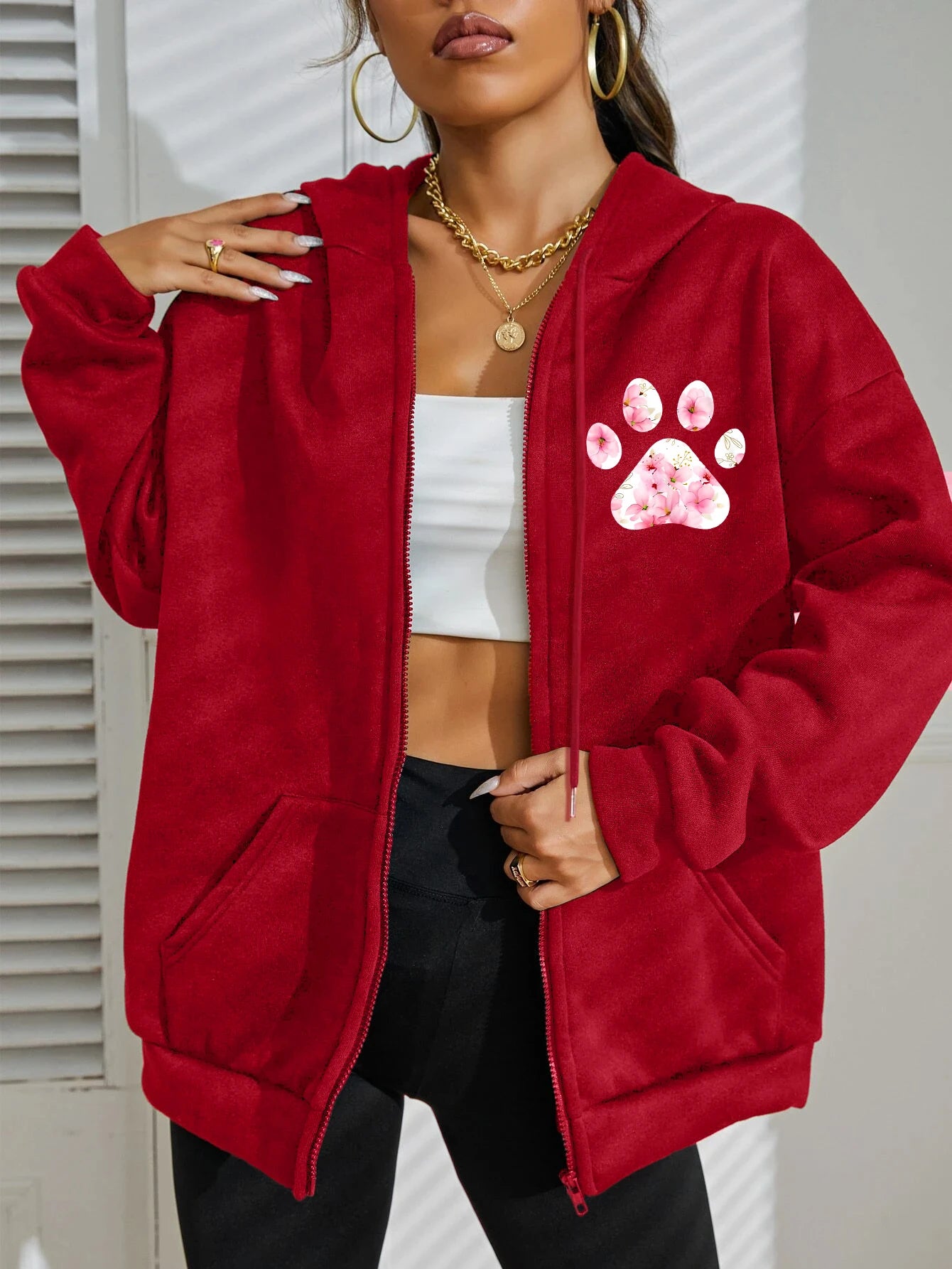 “Flower Cat Feet” Zipper Hoodie | Y2K Autumn Women’s Loose Fleece Pullover | Casual Sportswear